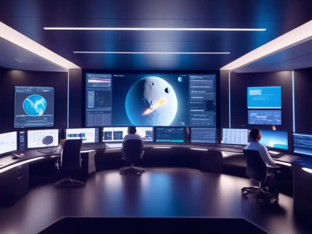 Control de amenaza de impacto inminente: científicos en sala de control moderna trabajando en respuestas rápidas