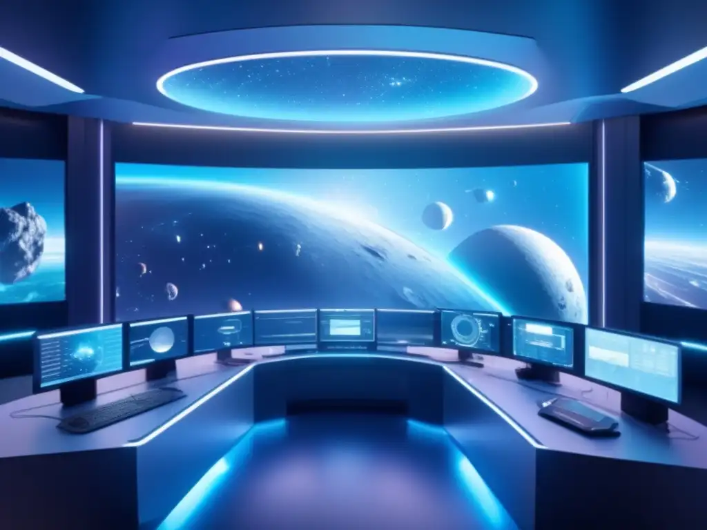 Equipo de científicos analizando asteroides Control de asteroides binarios: equipo de científicos y ingenieros trabajando en una sala futurista para prevenir impactos