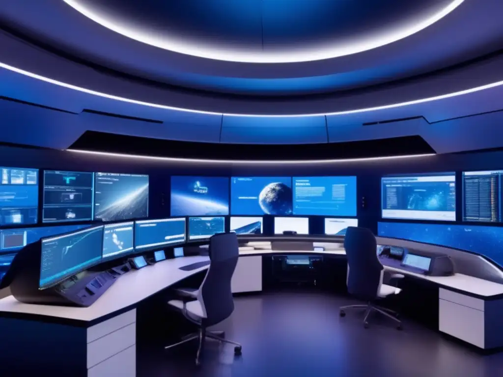 Control room con tecnología futurista y científicos monitoreando asteroides Control de asteroides: Imagen detallada de una sala de control llena de tecnología futurista y científicos monitoreando asteroides
