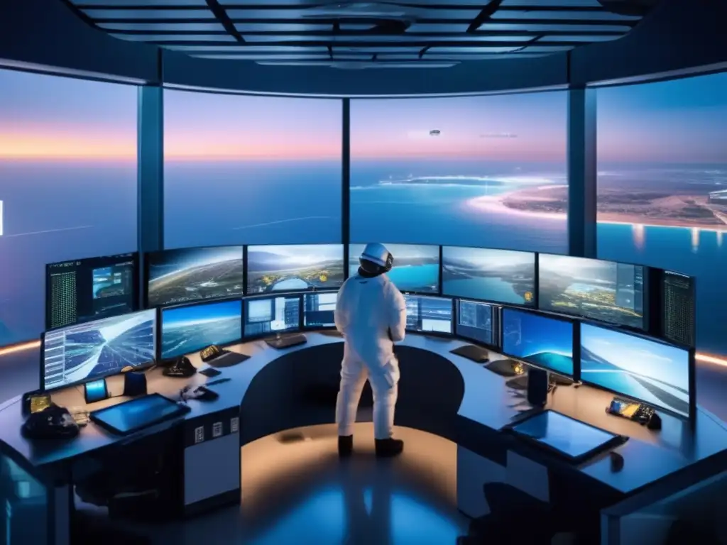 Control room de alta tecnología con vista panorámica de ciudad costera Control de contingencia asteroide en sala de control con vista panorámica de una ciudad costera