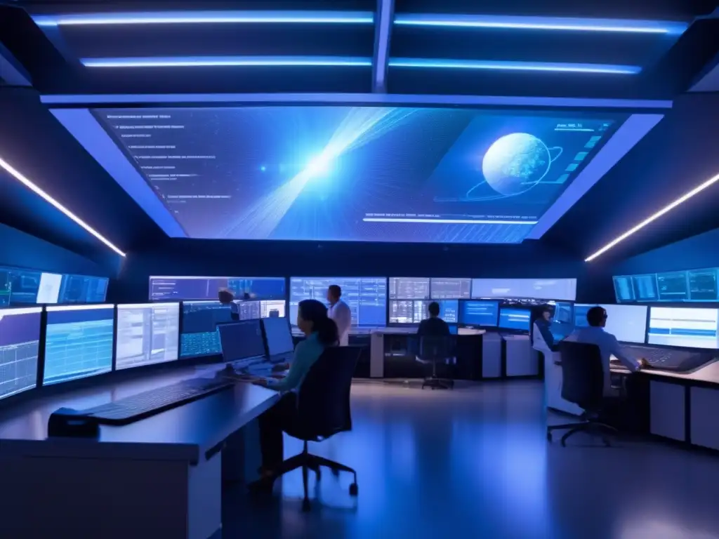 Control room de alta tecnología y científicos investigando Control de emergencia: Preparación simulacros impacto defensa planetaria