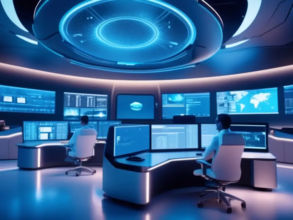 Control room de misión espacial futurista con tecnología avanzada y AI Control de misión espacial futurista con tecnologías avanzadas y automatización
