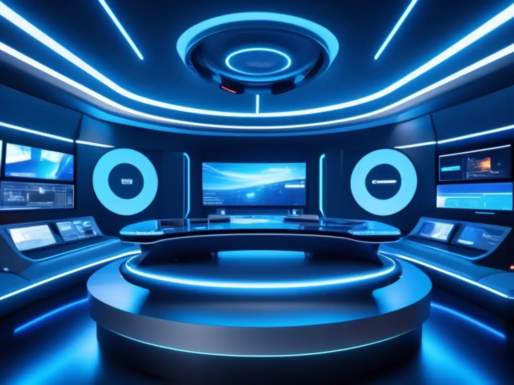 Futurista sala de control con tecnología avanzada Control room futurista con expertos en simulaciones impacto asteroides