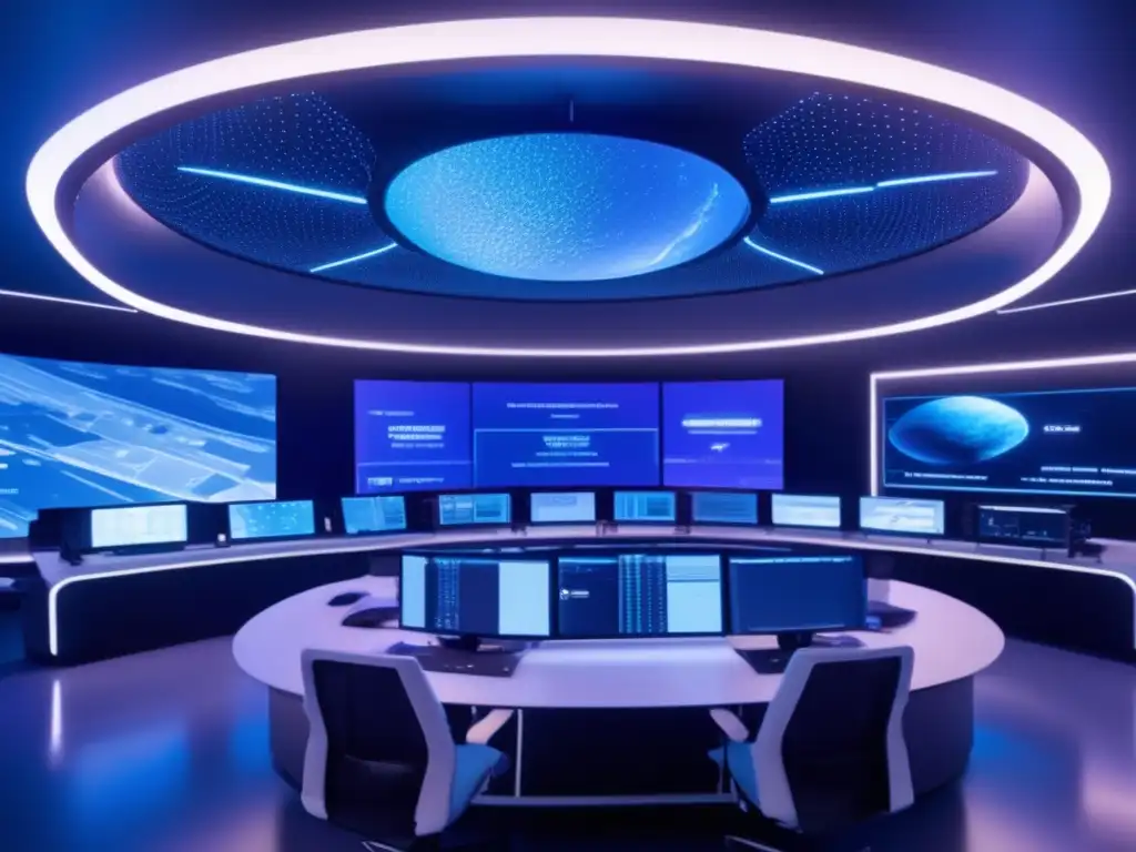 Futuro control de asteroides en sala ultradetallada Control room futurista: Evaluación riesgo colisión asteroides