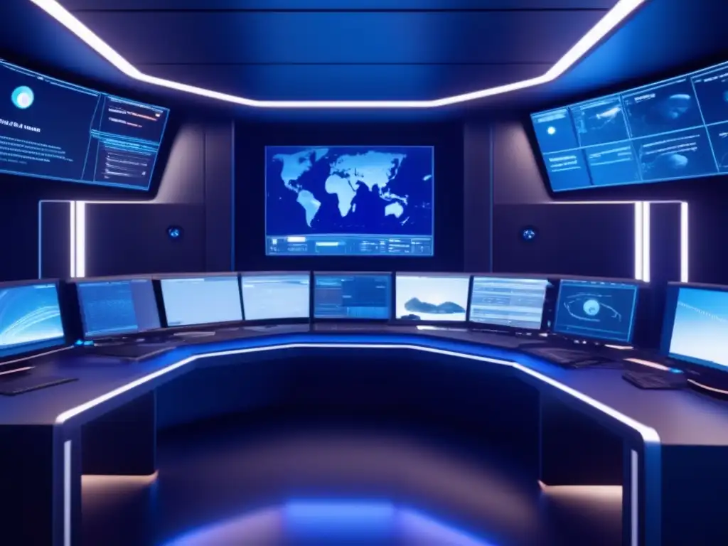 Control room de simulación de impactos de asteroides Control futurista: simulaciones impacto asteroides, científicos y datos