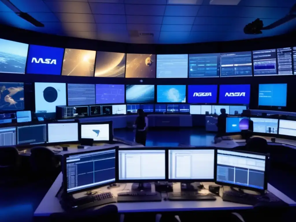 Sala de control de NASA, científicos analizan trayectorias de asteroides Control en NASA: Científicos analizan datos y estrategias para prevenir colisiones de asteroides