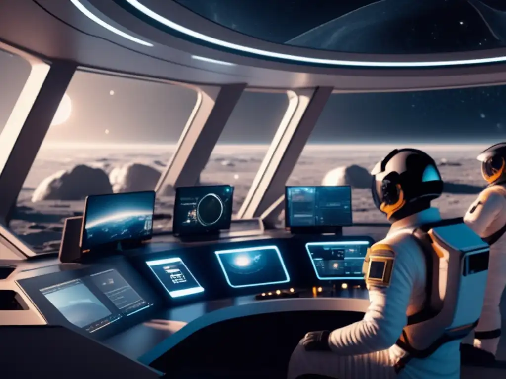 Control room futurista en asteroide-minería Control remoto en asteroides: sala de control futurista con visión panorámica al espacio, ingenieros en trajes espaciales operando maquinaria avanzada