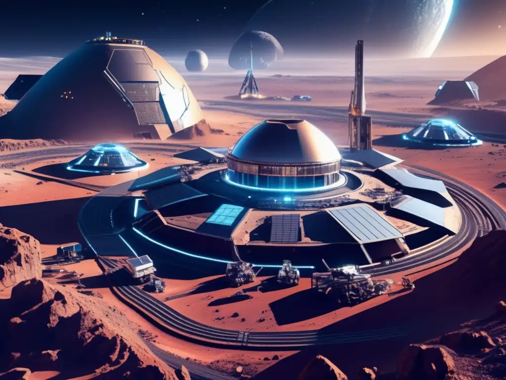 Futurista base minera en asteroide Control remoto de maquinaria en asteroides, base minera futurista con tecnología avanzada y estética moderna