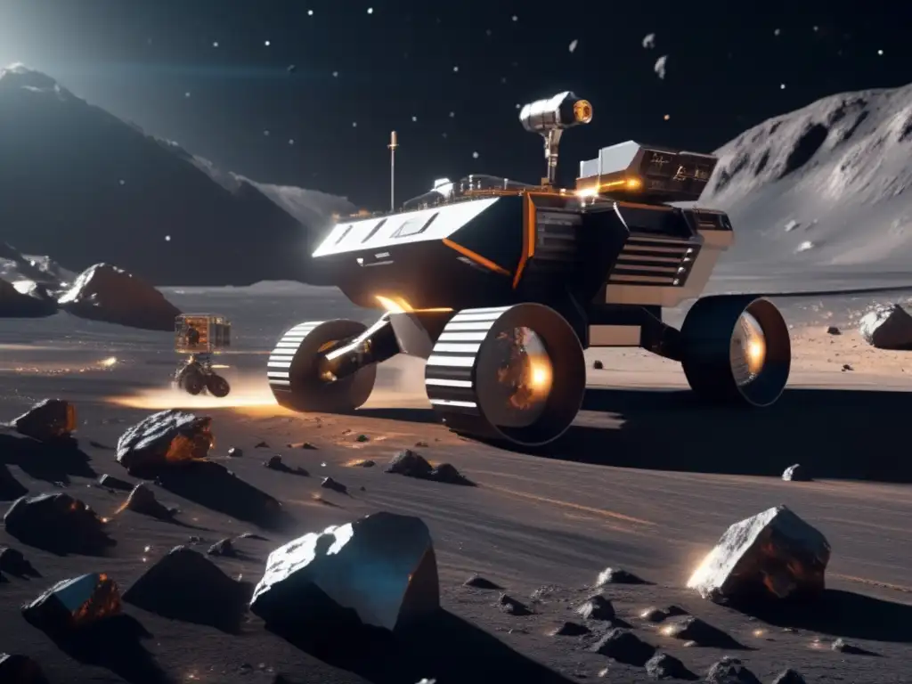 Minera en el espacio: avanzada tecnología Control remoto de maquinaria en asteroides: Futurista escena de minería en asteroide