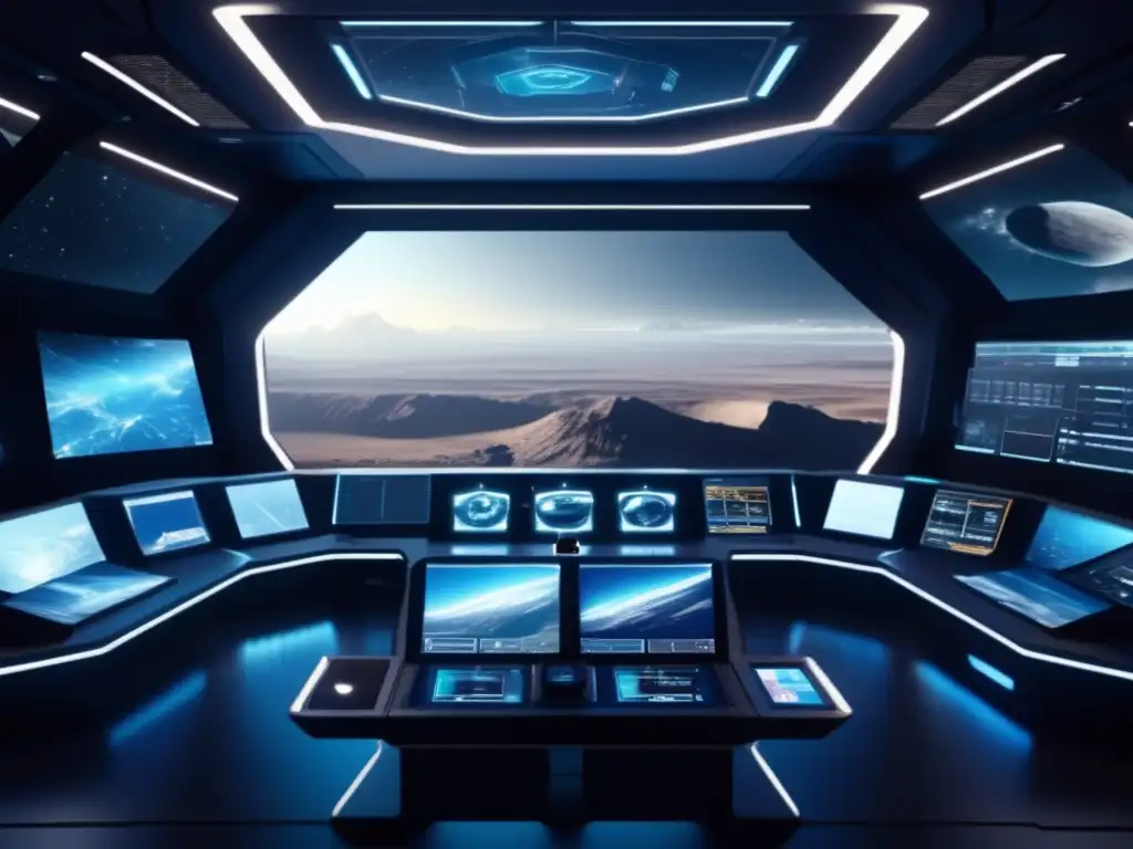 Control room futurista en estación minera espacial Control remoto de maquinaria en asteroides en una moderna sala de control con vista al espacio-