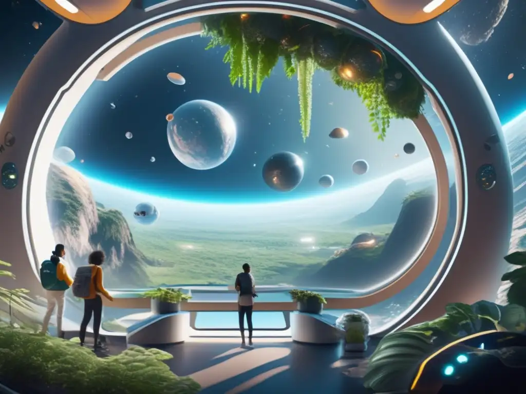 Convivencia en microgravedad en asteroides - Comunidad vibrante en hábitat cilíndrico con vegetación flotante y arquitectura futurista