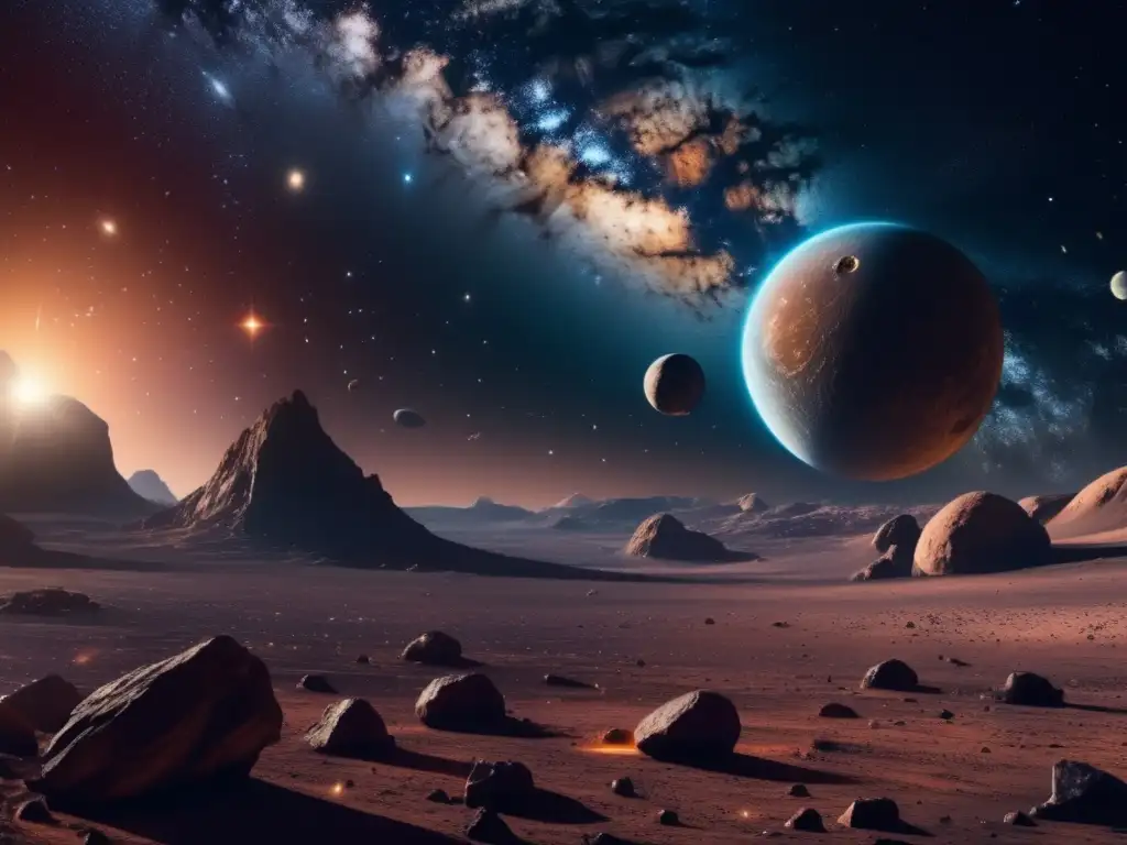 Exploración fascinante de asteroides Exploración cósmica: Imagen 8k detallada de asteroides troyanos en el espacio, con millones de estrellas brillantes y detalles fascinantes