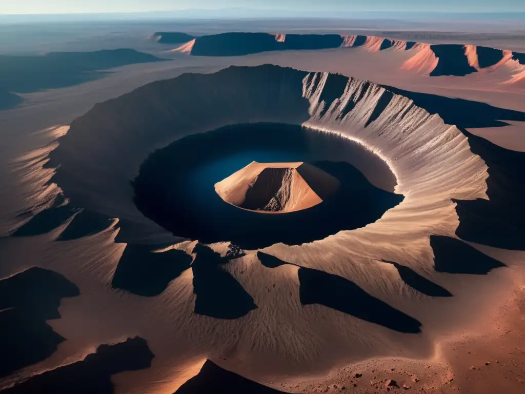 Impacto antiguo: Cráter majestuoso Explorando cráteres de impacto antiguos: una imagen impresionante de un cráter masivo y antiguo en un paisaje desolado
