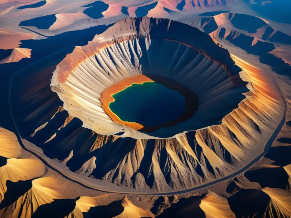 Impresionante vista aérea de antiguo cráter Explorando cráteres de impacto antiguos: Una vista aérea hipnotizante de un vasto cráter antiguo en un paisaje accidentado