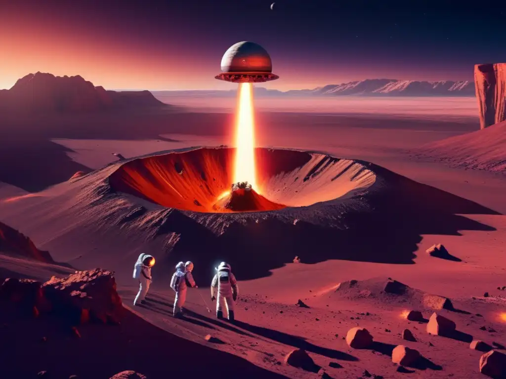 Exploración cráteres impacto: científicos y astronautas en planeta distante, tecnología avanzada, paisaje alienígena, nave espacial