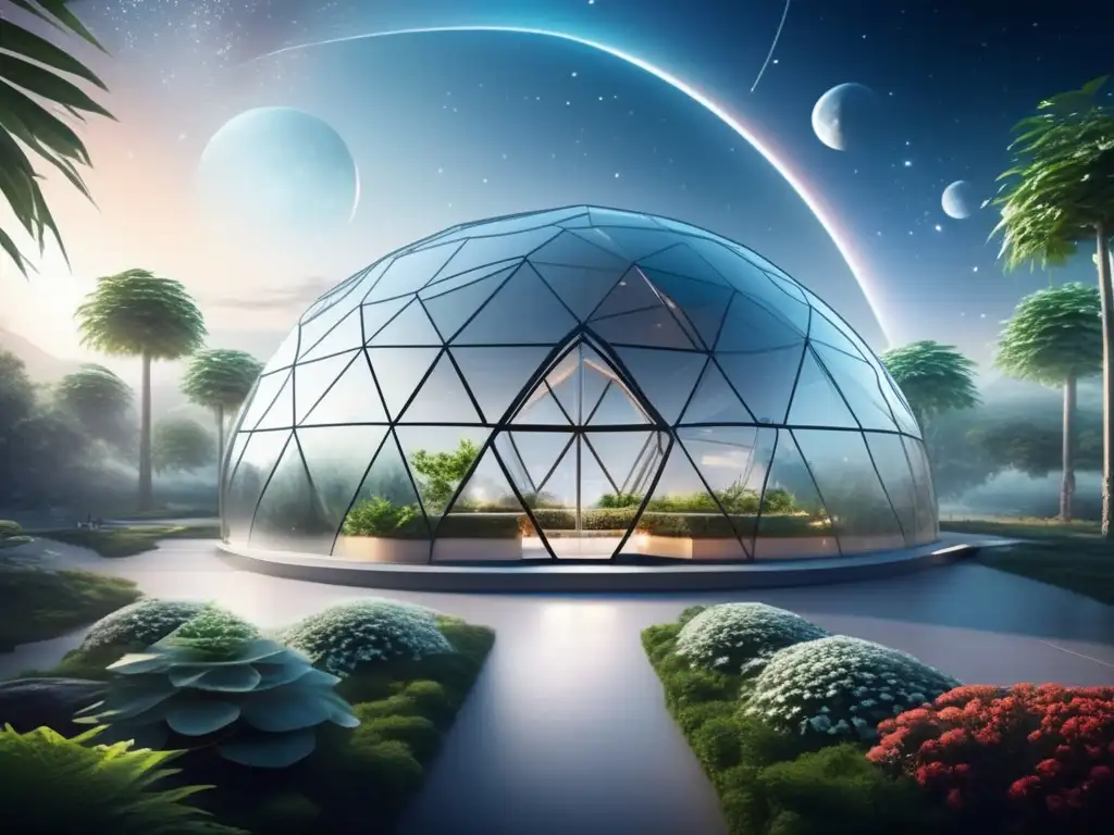 Futuro biodomo espacial con ecosistema vibrante Cultivo de alimentos en asteroides espaciales: biodome futurista en el cosmos con ecosistema vibrante y astronautas