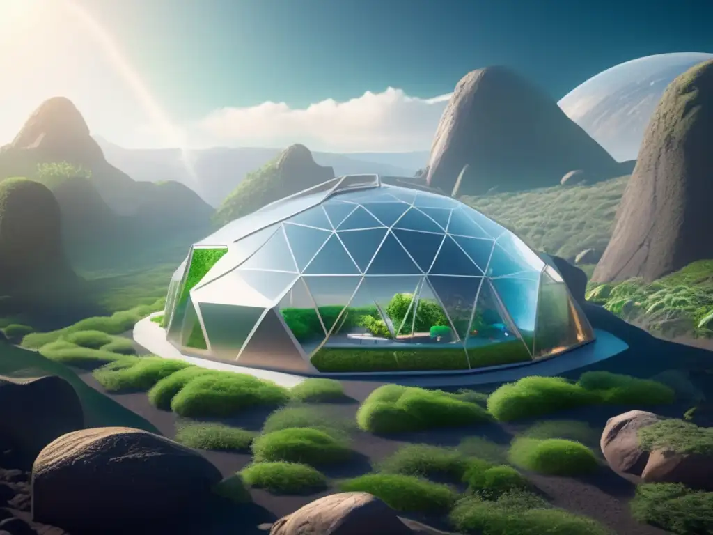 Un biodomo futurista en un asteroide rocoso (50 caracteres) Cultivo de alimentos en asteroides espaciales: biodome futurista sostenible y autosuficiente en el cosmos
