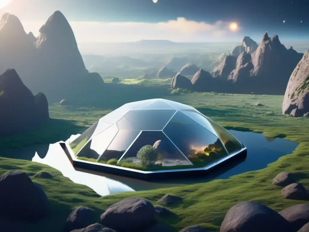 Biodome futurista en asteroide: cultivo sostenible Cultivo de alimentos en asteroides espaciales: biodome futurista en terreno rocoso, con vegetación exuberante, científicos y cultivos vibrantes