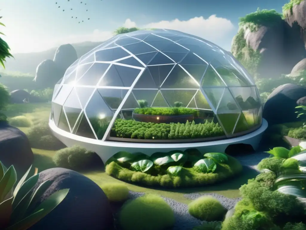 Futurista biodomo en asteroide: agricultura espacial Cultivo de alimentos en asteroides: biodome futurista con vegetación exuberante, agricultura hidropónica y astronautas cultivando en el espacio