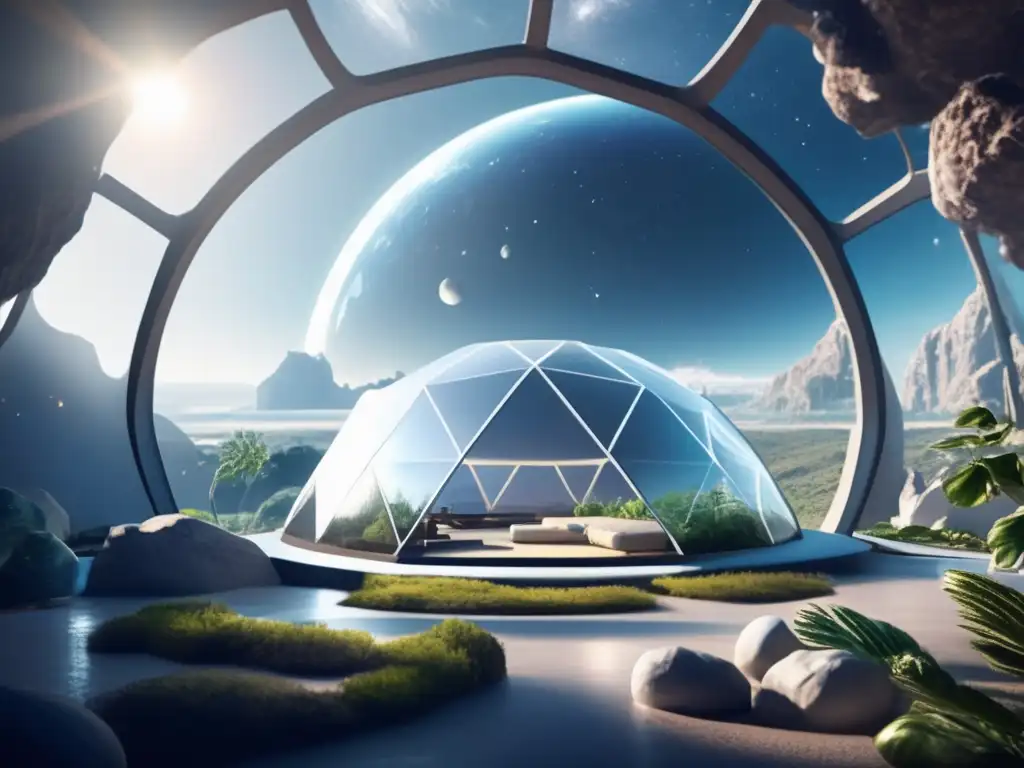 Biodomo futurista en asteroide con ecosistema próspero Cultivo alimentos en biodomo de asteroide: escena espacial avanzada con ecosistema vegetal y astronautas