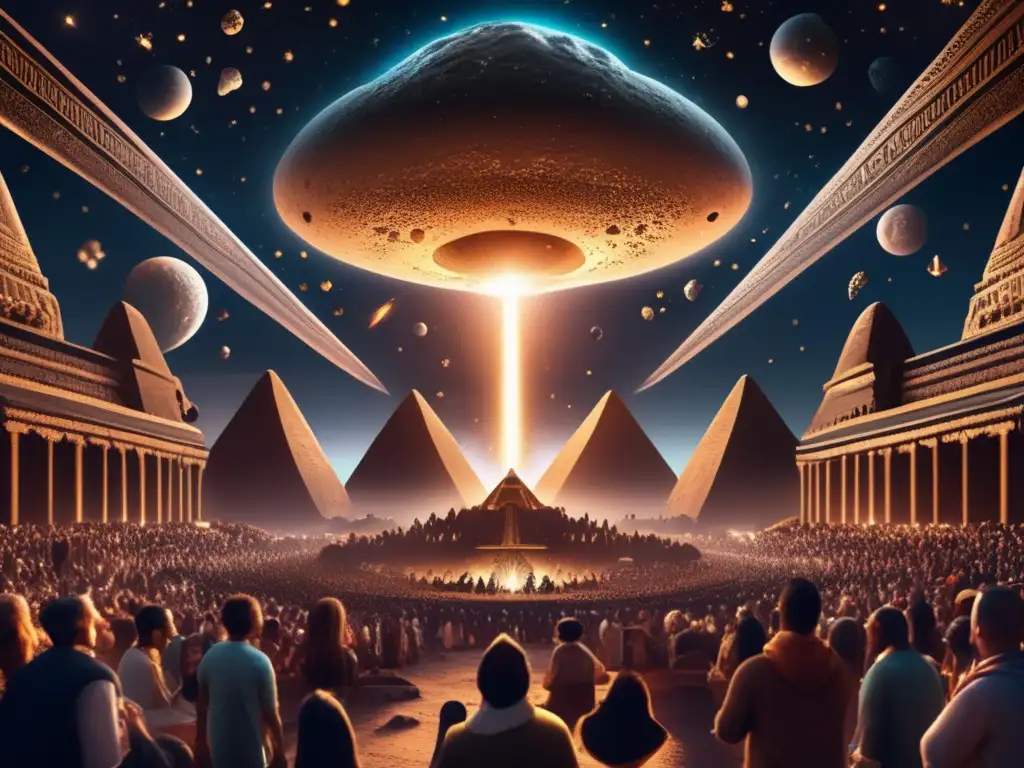 Antigua adoración de asteroides Cultos y rituales asteroides: antiguas civilizaciones adorando y maravillándose ante un majestuoso asteroide iluminado