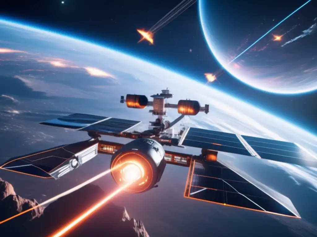 Estación espacial protege la Tierra Defensa planetaria contra asteroides: Futurista estación espacial, láseres azules desvían asteroide hacia la Tierra