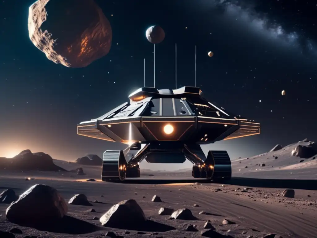 Operación minera espacial futurista en asteroide Derechos de explotación de asteroides en una imagen futurista de minería espacial en un asteroide, con una nave colosal y detalles impresionantes