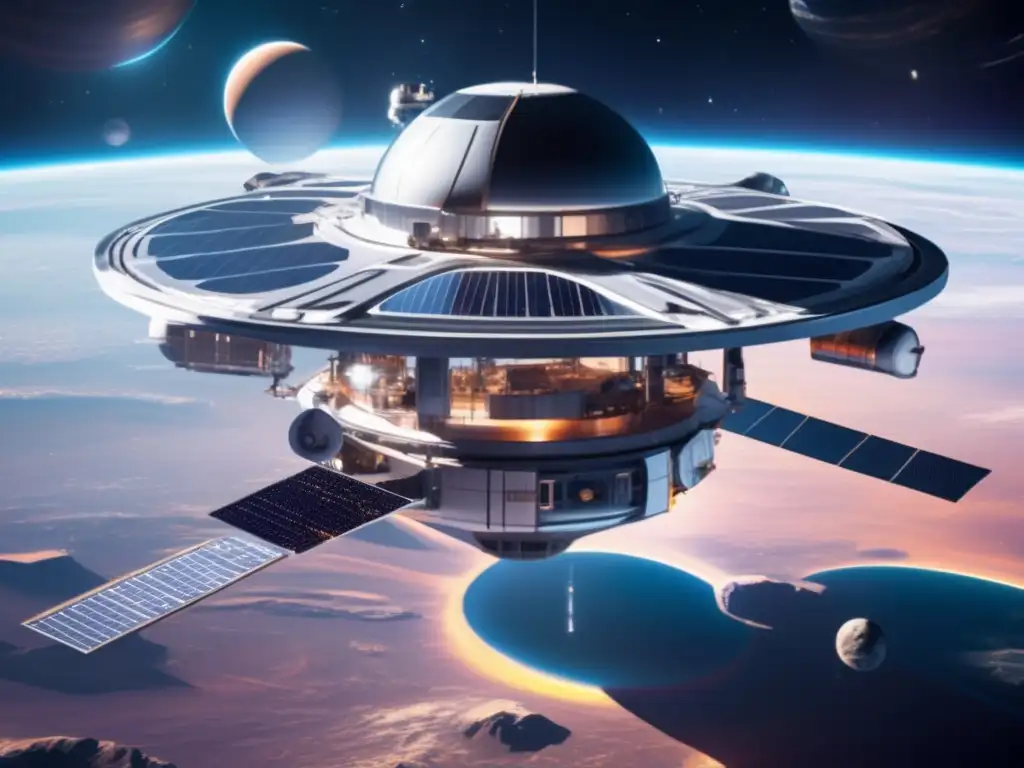 Estación espacial futurista en el espacio Derechos y responsabilidades en el espacio: Una estación espacial futurista rodeada de planetas, astronautas y ciencia