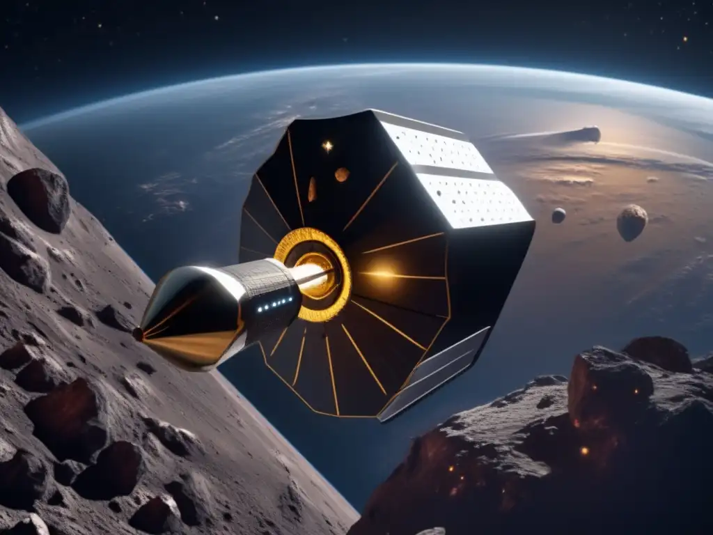 Desafío desviación asteroides: DART en el espacio, acercándose a un asteroide con la Tierra de fondo