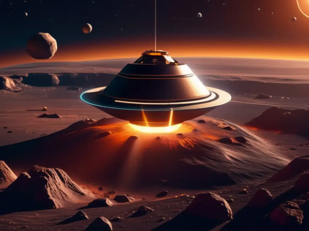 Desafío desviación asteroides: sonda futurista sobre asteroide, con luz solar, propulsión avanzada y instrumentos científicos