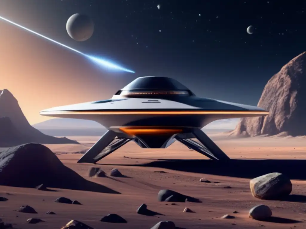 Nave espacial futurista en NEO Desafíos ingeniería espacial aterrizaje NEO: Nave futurista sobre NEO rocoso, con avanzados sistemas de propulsión y sensores, en el espacio estelar