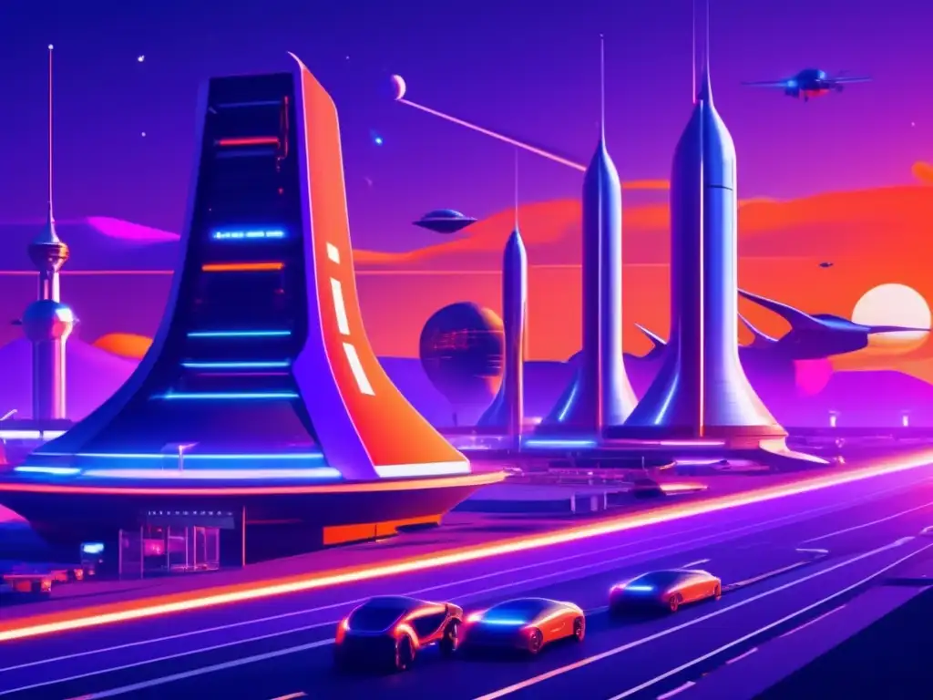 Futuro puerto espacial con actividad Desafíos éticos en economía espacial, futurista puerto espacial con arquitectura moderna y naves avanzadas