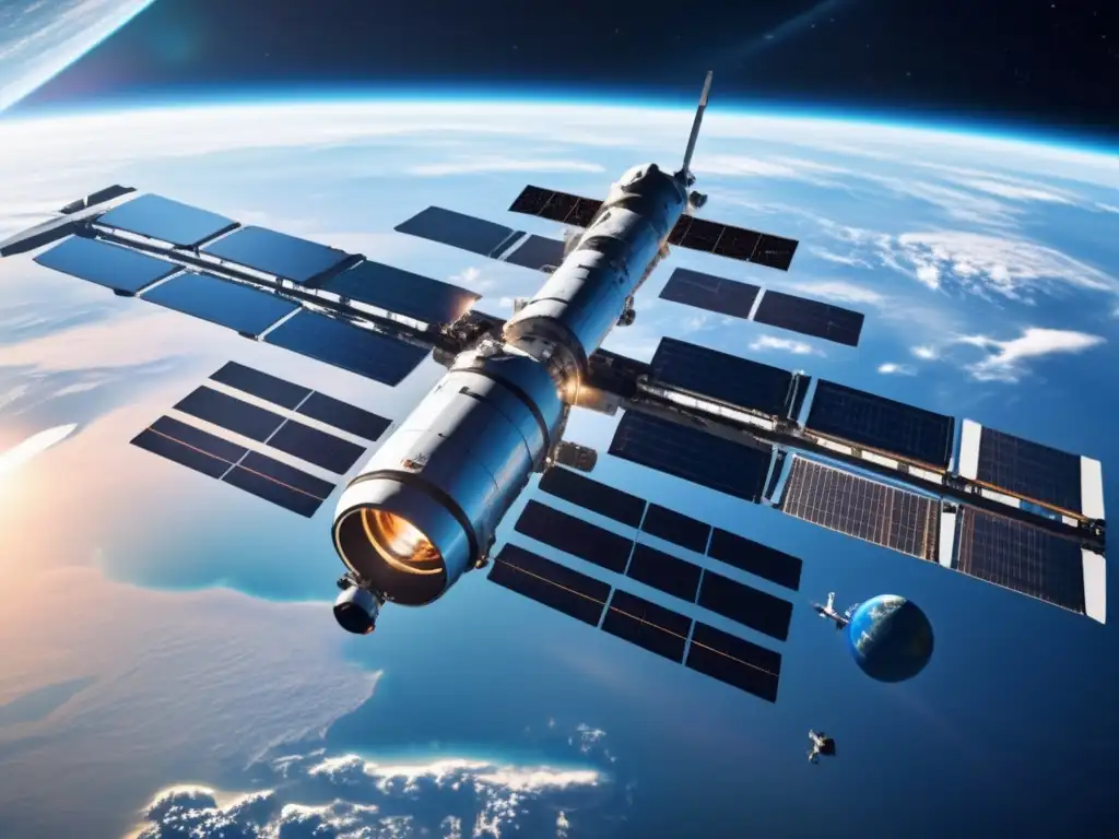 Futurista estación espacial en órbita Desafíos éticos en economía espacial: Estación espacial futurista en órbita alrededor de la Tierra con vista al planeta y actividades espaciales