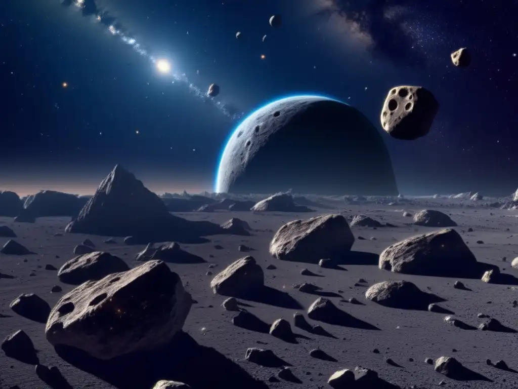 Impresionante campo de asteroides en el espacio Desafíos éticos en economía espacial: Asteroides impresionantes en el vasto espacio, con formas, tamaños y detalles geológicos únicos