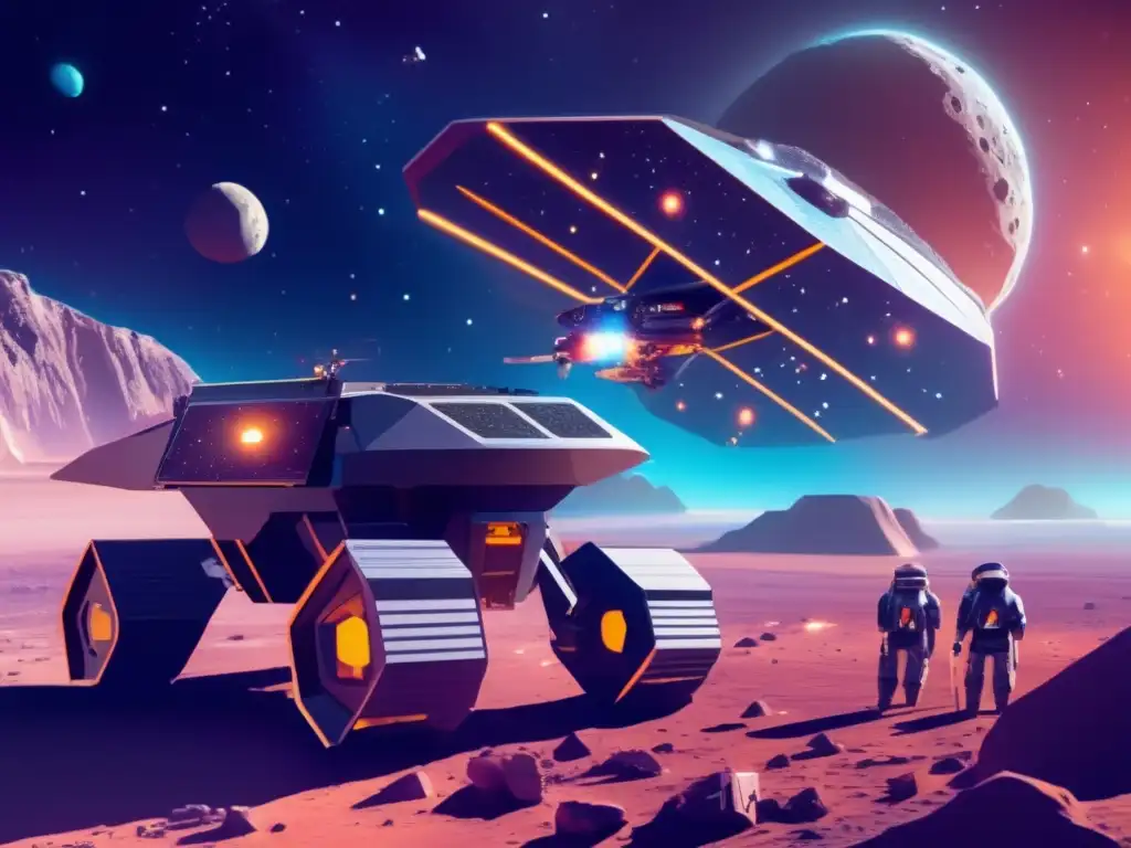Operación de minería de asteroides en el cosmos Desafíos regulación minería asteroides: Futurista operación minera de asteroides con drones robóticos extrayendo recursos valiosos