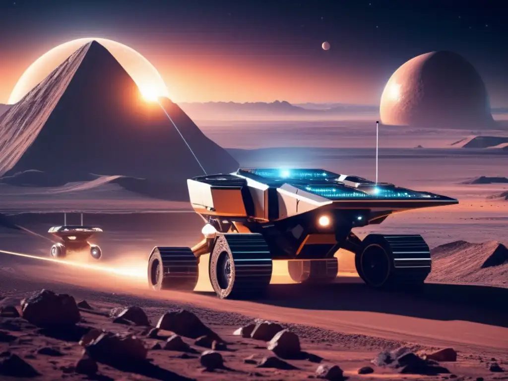 Minería espacial futurista con tecnología avanzada Desafíos legales recursos espacio exterior: imagen minera futurista con maquinaria avanzada y paisaje celestial extraterrestre