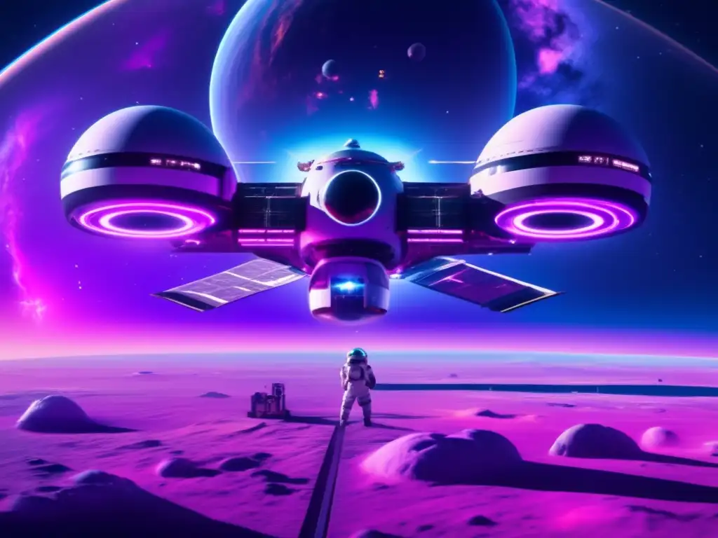 Futuro espacio: estación, científicos y defensa Desarrollo de escudos contra asteroides en estación espacial futurista y equipo científico trabajando
