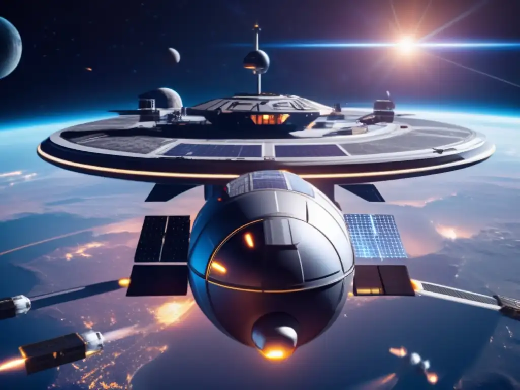 Estación espacial futurista defendiendo la Tierra Desarrollo de escudos contra asteroides en una estación espacial futurista, protegiendo la Tierra de peligros cósmicos