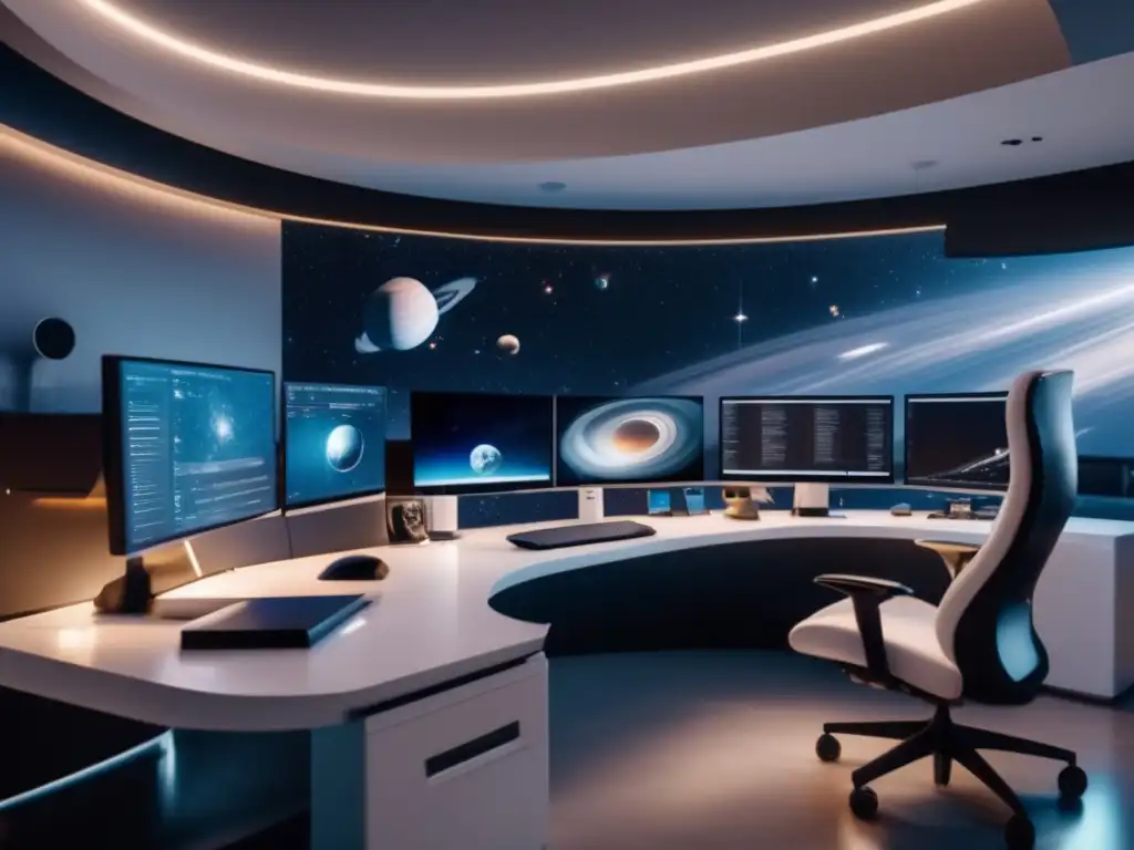 Sala de trabajo en casa con astrónomos aficionados Descubrimiento de asteroides casero: Moderno espacio de trabajo con astrónomos aficionados analizando datos y colaborando