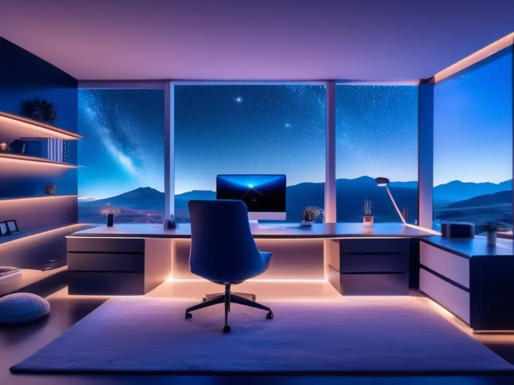 Espacio de trabajo en casa con vista panorámica cósmica Descubrimiento de asteroides casero en una oficina moderna con vista panorámica al cosmos