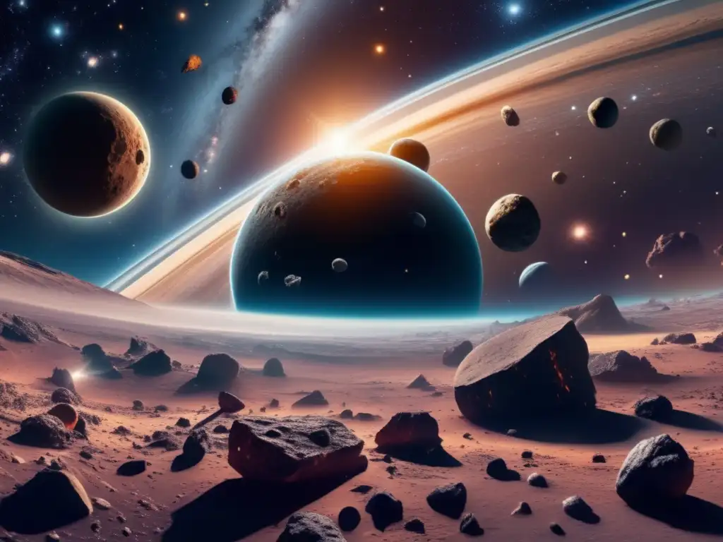 Maravilloso paisaje espacial con asteroides Centauri Descubrimiento de asteroides Centauros en el espacio, con estrellas, galaxias y un cinturón de asteroides majestuoso