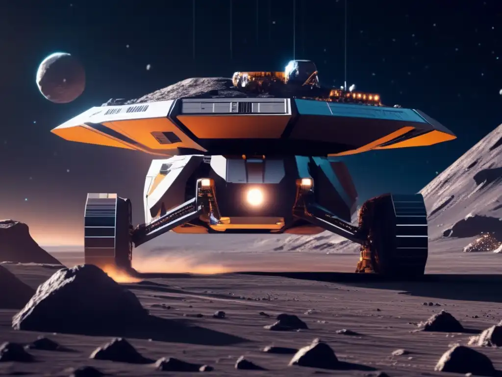 Minería espacial en asteroide: 8k detallada Descubrimiento de asteroides Centauros: Operación minera espacial en asteroide, con nave gigante y avanzados equipos de extracción