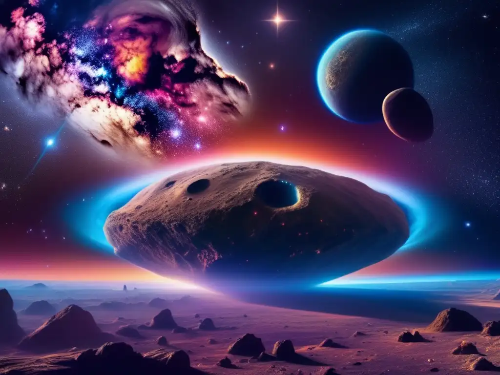Universo estrellado con nebulosa y asteroide Descubrimiento de asteroides emocionales en el universo