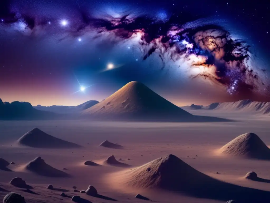 Paisaje cósmico estrellado con asteroide Descubrimiento de asteroides emocionales en el vasto paisaje cósmico, con galaxias y estrellas infinitas