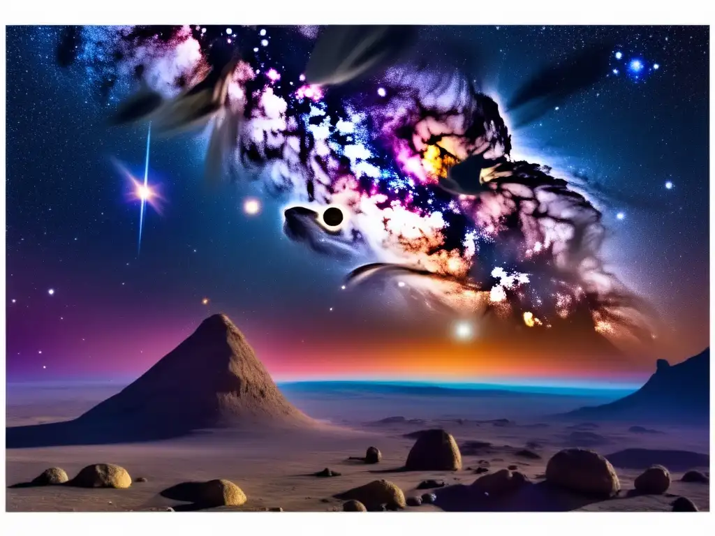 Descubrimiento de asteroides errantes en el universo: Vista impresionante de la Vía Láctea, nebulosa de colores vibrantes y asteroides