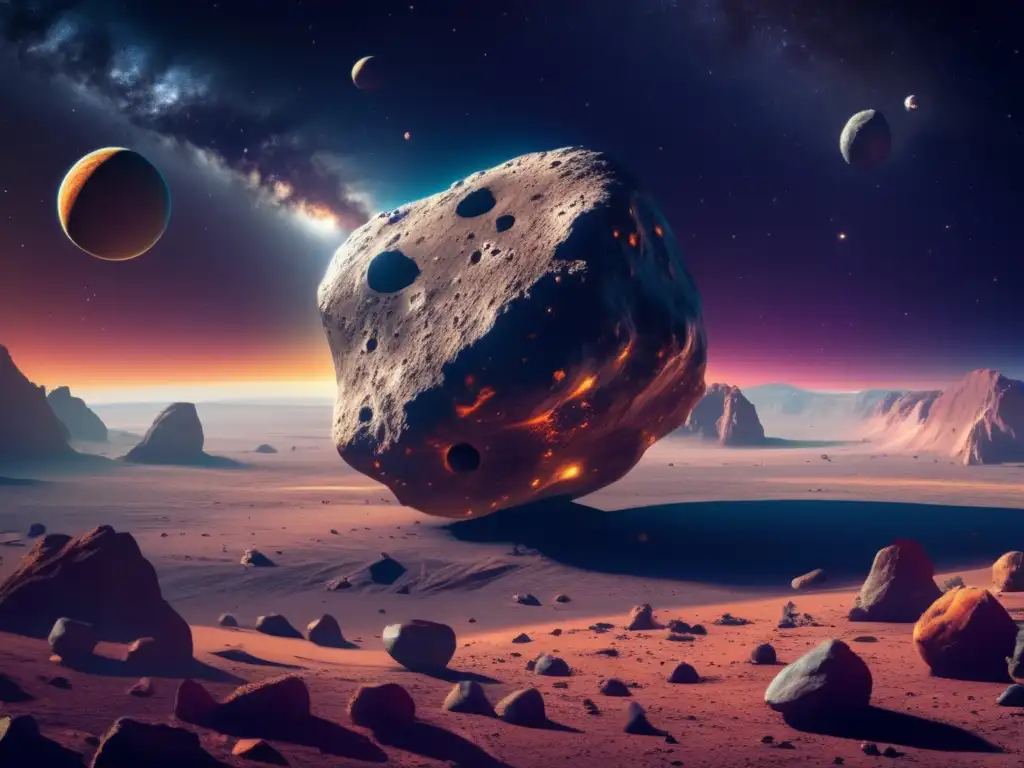 Descubrimiento de asteroides gigantes: Imagen 8k de un majestuoso asteroide flotando en el espacio, con cráteres y terreno rugoso