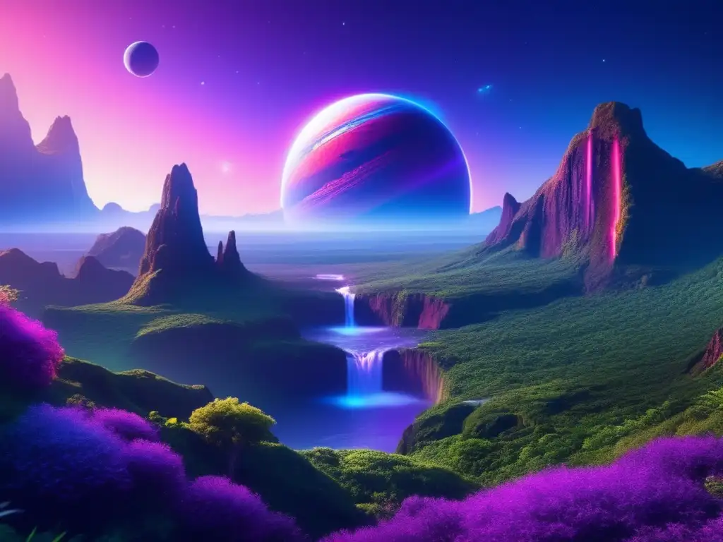Planeta exoplaneta vibrante con cascadas y asteroides Descubrimiento de asteroides habitables en un exoplaneta vibrante con vegetación exuberante, cascadas y atmósfera hipnotizante