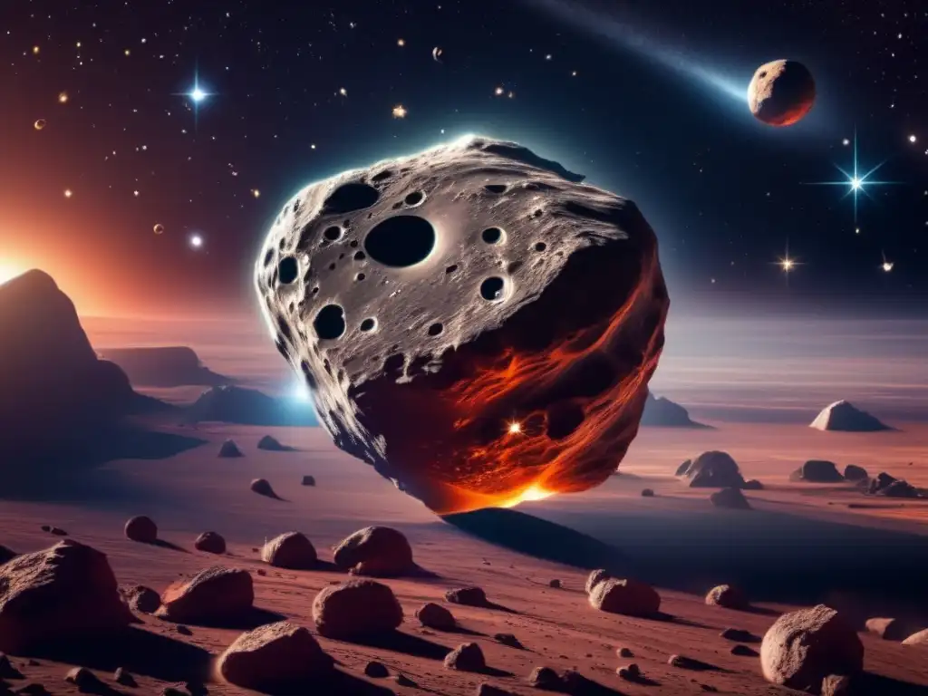 Impresionante asteroide habitable en 8k Descubrimiento de asteroides habitables: Impresionante imagen 8k ultradetallada de un enorme asteroide flotando en el espacio, iluminado por los rayos solares y rodeado de estrellas