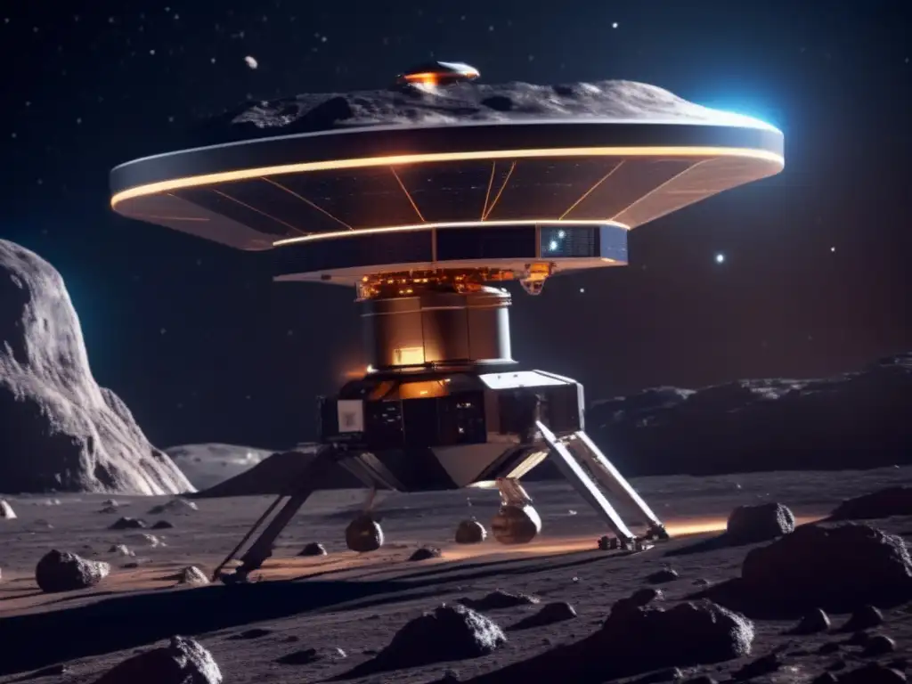 Sonda espacial recolectando muestras en asteroide Descubrimiento de asteroides habitables: Sonda futurista recogiendo muestras en asteroide