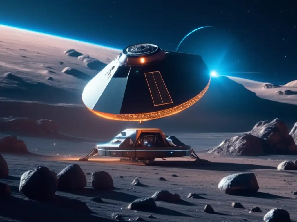 Exploración científica de un asteroide Descubrimiento de asteroides habitables: Sonda espacial avanzada escaneando asteroide con fondos estelares
